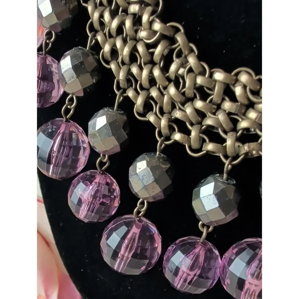 R.J. Graziano Purple Beaded Bib Statement Necklace Antique Brass Chain Boho Y2K